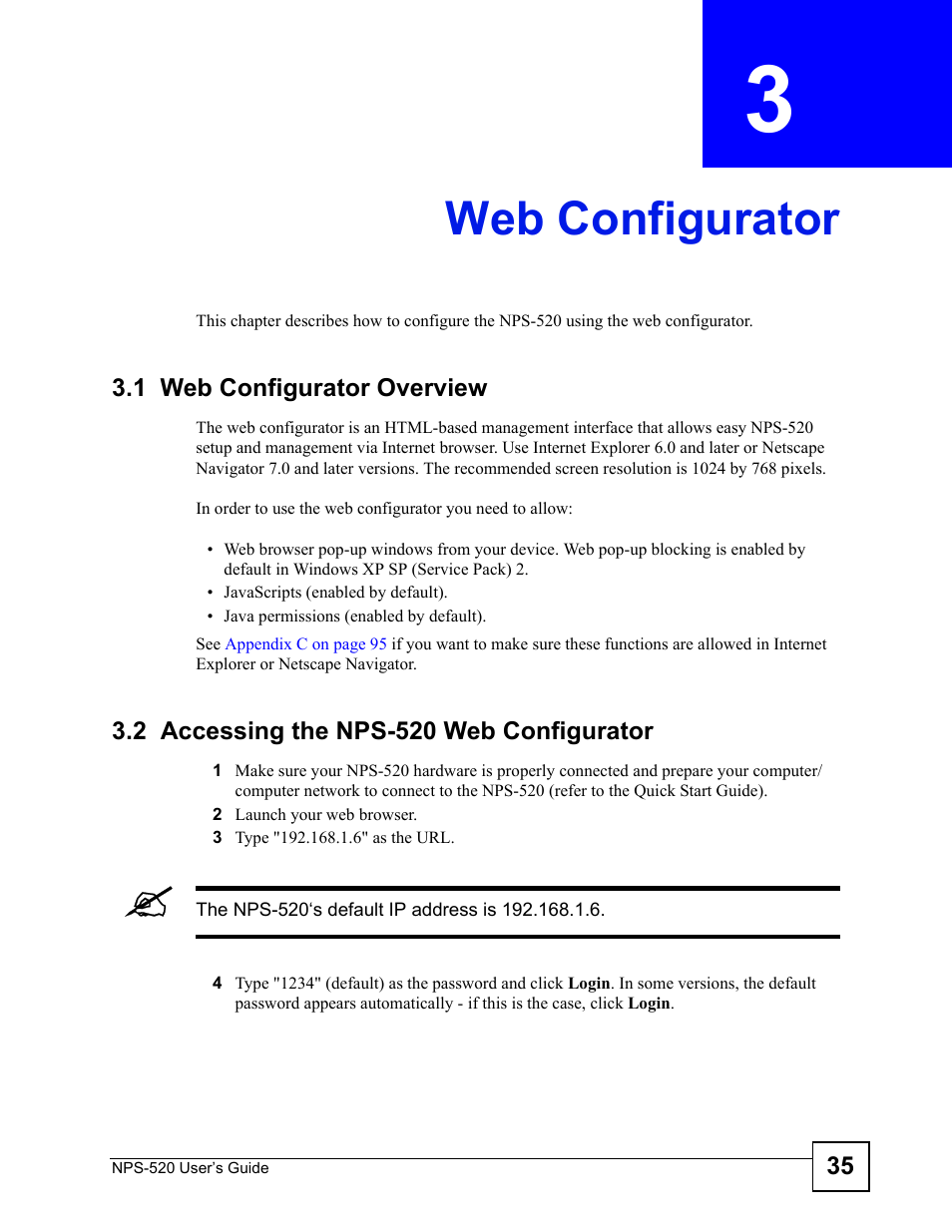 Web configurator, 1 web configurator overview, 2 accessing the nps-520 web configurator | Chapter 3 web configurator | ZyXEL Communications NPS-520 User Manual | Page 35 / 112