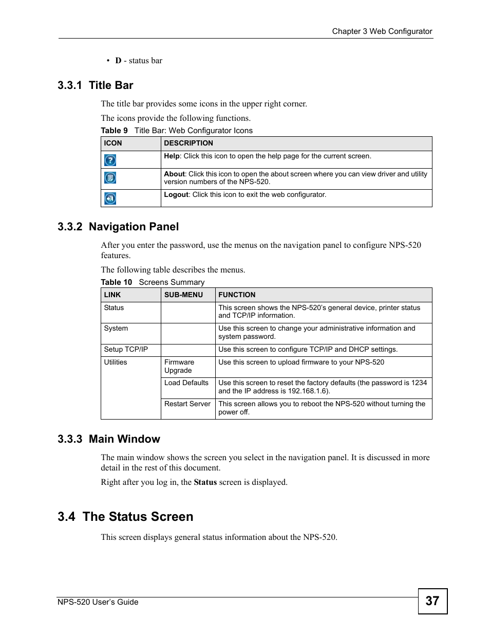 1 title bar, 2 navigation panel, 3 main window | 4 the status screen | ZyXEL Communications NPS-520 User Manual | Page 37 / 112