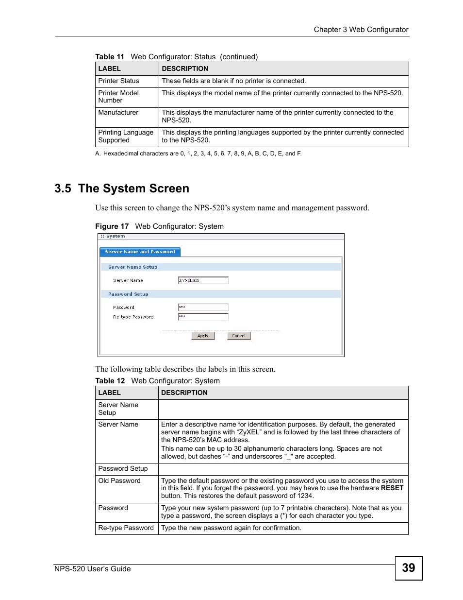5 the system screen, Figure 17 web configurator: system, Table 12 web configurator: system | 39 3.5 the system screen | ZyXEL Communications NPS-520 User Manual | Page 39 / 112