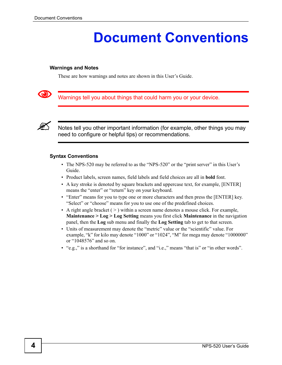 Document conventions | ZyXEL Communications NPS-520 User Manual | Page 4 / 112