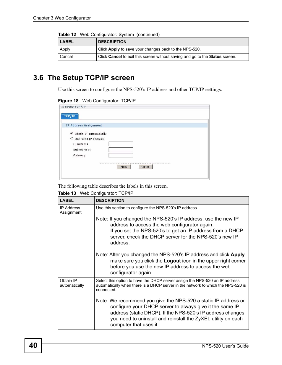 6 the setup tcp/ip screen, Figure 18 web configurator: tcp/ip, Table 13 web configurator: tcp/ip | 40 3.6 the setup tcp/ip screen | ZyXEL Communications NPS-520 User Manual | Page 40 / 112