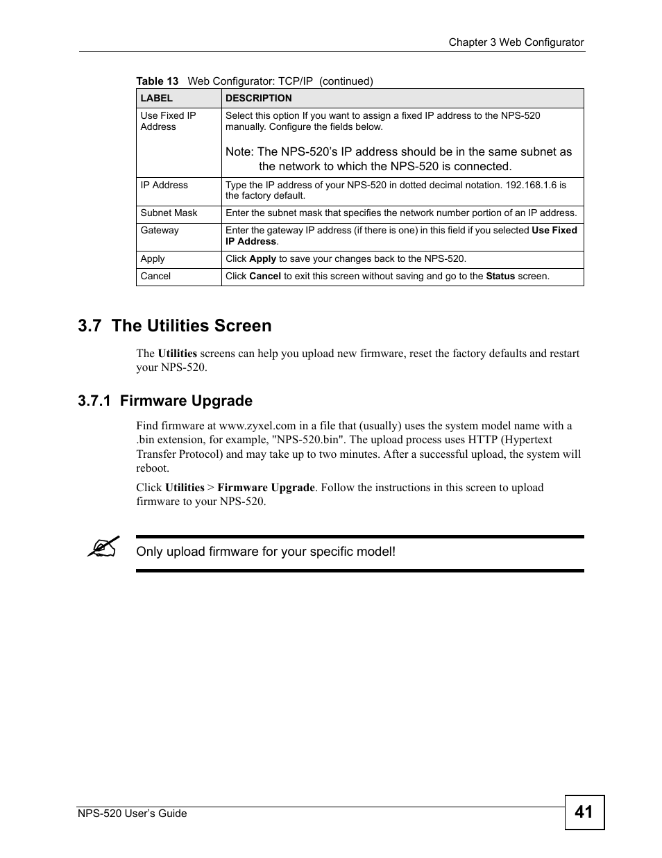 7 the utilities screen, 1 firmware upgrade, 41 3.7 the utilities screen | ZyXEL Communications NPS-520 User Manual | Page 41 / 112