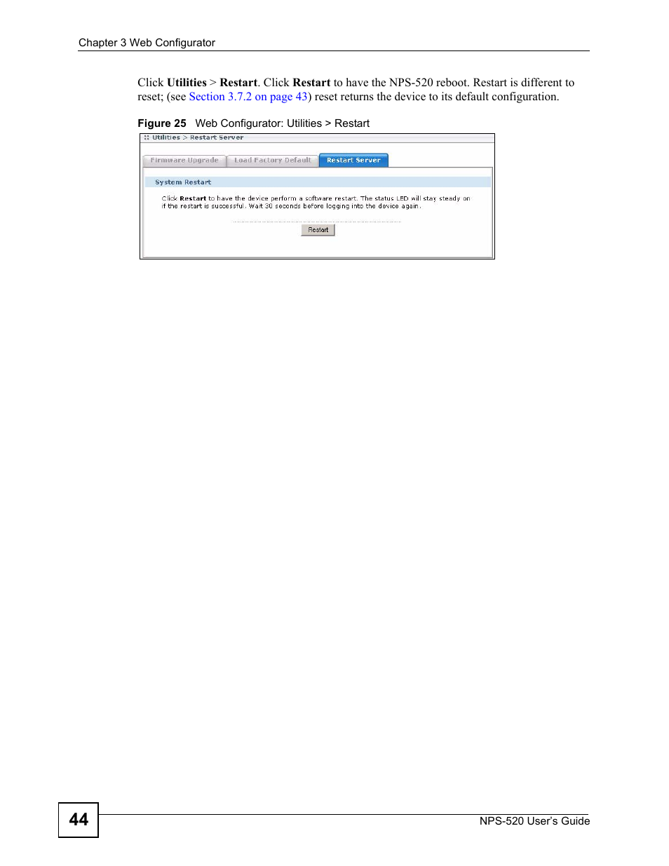 Figure 25 web configurator: utilities > restart | ZyXEL Communications NPS-520 User Manual | Page 44 / 112