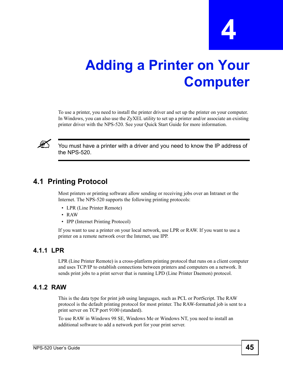 Adding a printer on your computer, 1 printing protocol, 1 lpr | 2 raw, Chapter 4 adding a printer on your computer, 1 lpr 4.1.2 raw | ZyXEL Communications NPS-520 User Manual | Page 45 / 112
