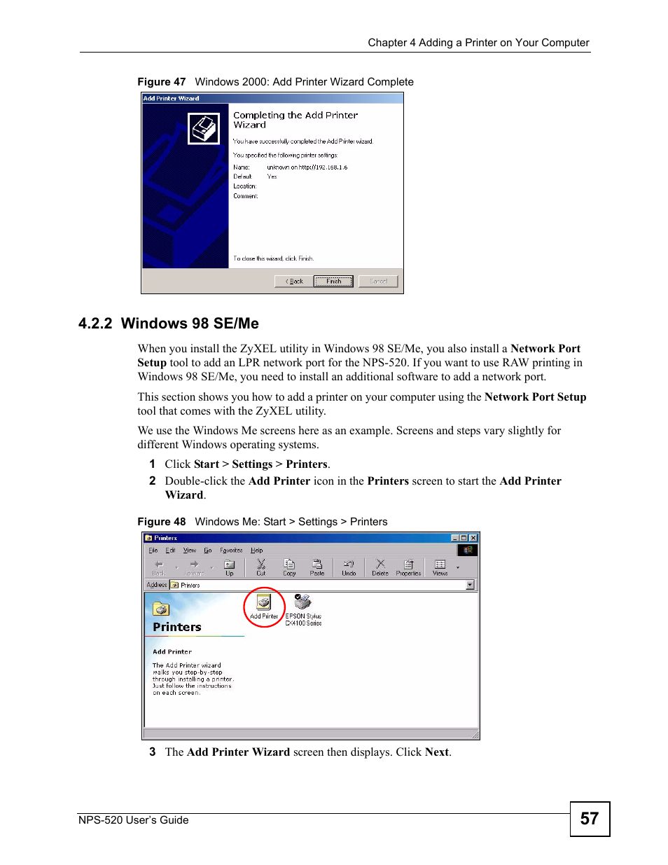 2 windows 98 se/me | ZyXEL Communications NPS-520 User Manual | Page 57 / 112