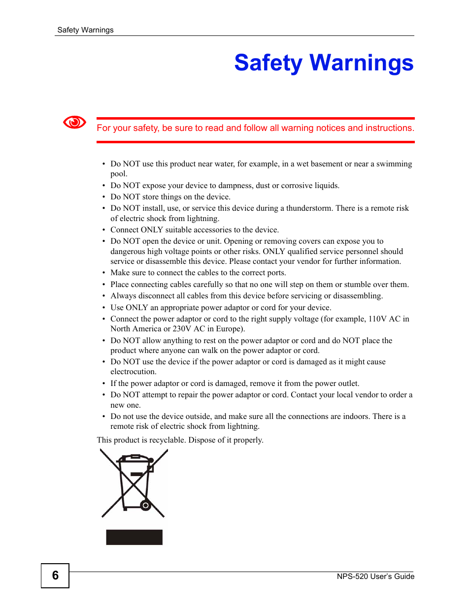 Safety warnings | ZyXEL Communications NPS-520 User Manual | Page 6 / 112