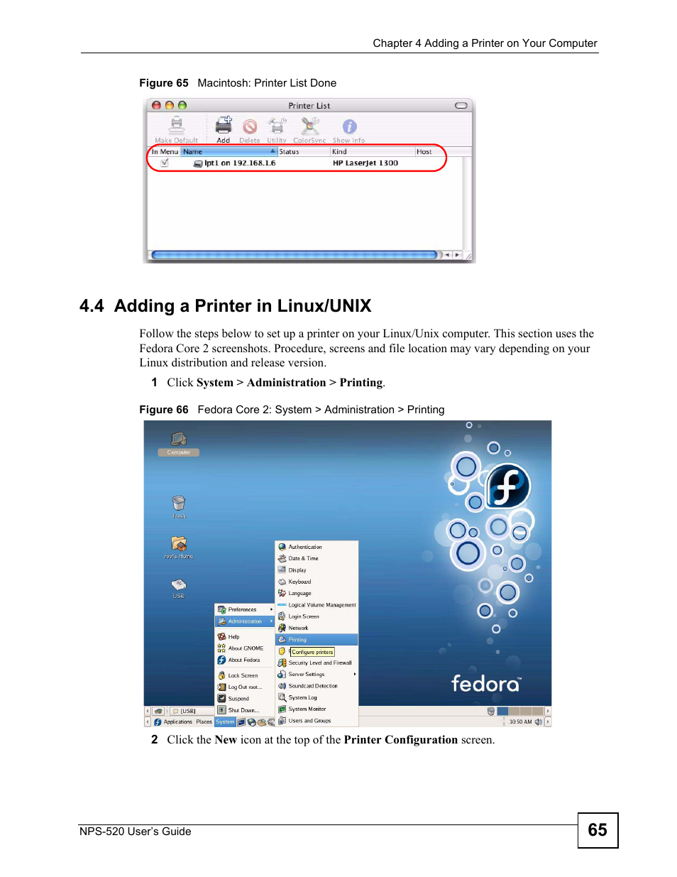 4 adding a printer in linux/unix | ZyXEL Communications NPS-520 User Manual | Page 65 / 112