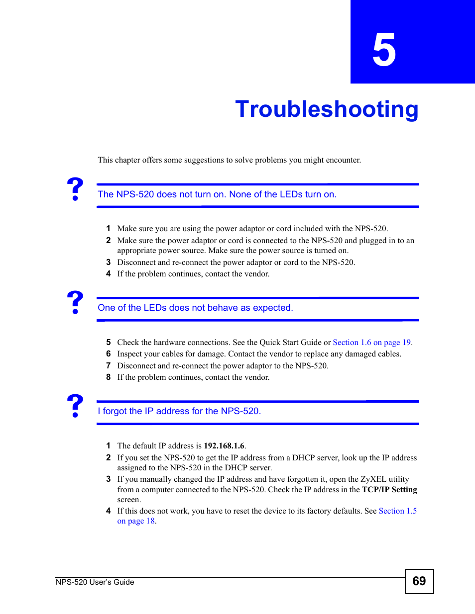 Troubleshooting, Chapter 5 troubleshooting | ZyXEL Communications NPS-520 User Manual | Page 69 / 112