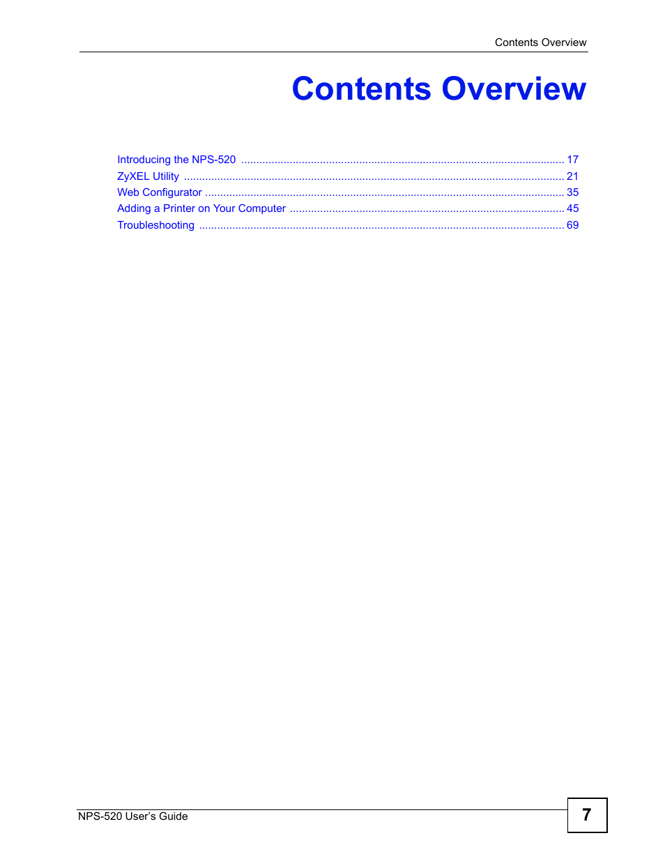 Contents overview | ZyXEL Communications NPS-520 User Manual | Page 7 / 112