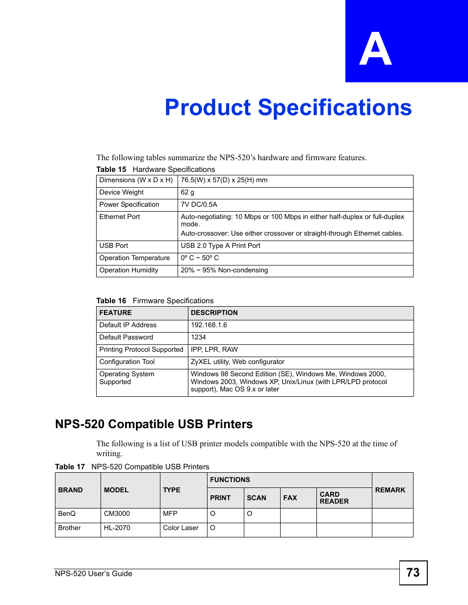 Product specifications, Appendix a product specifications, Nps-520 compatible usb printers | ZyXEL Communications NPS-520 User Manual | Page 73 / 112
