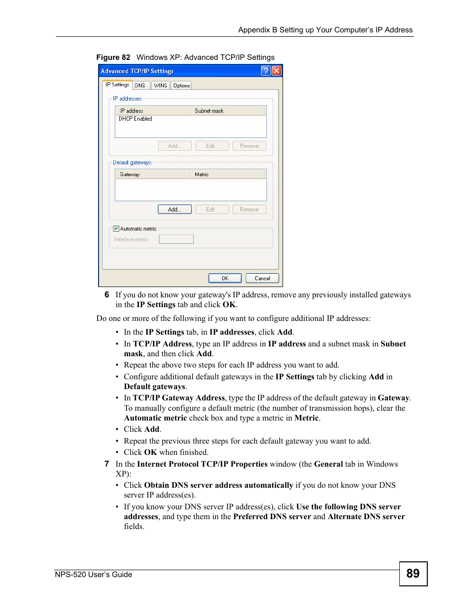Figure 82 windows xp: advanced tcp/ip settings | ZyXEL Communications NPS-520 User Manual | Page 89 / 112