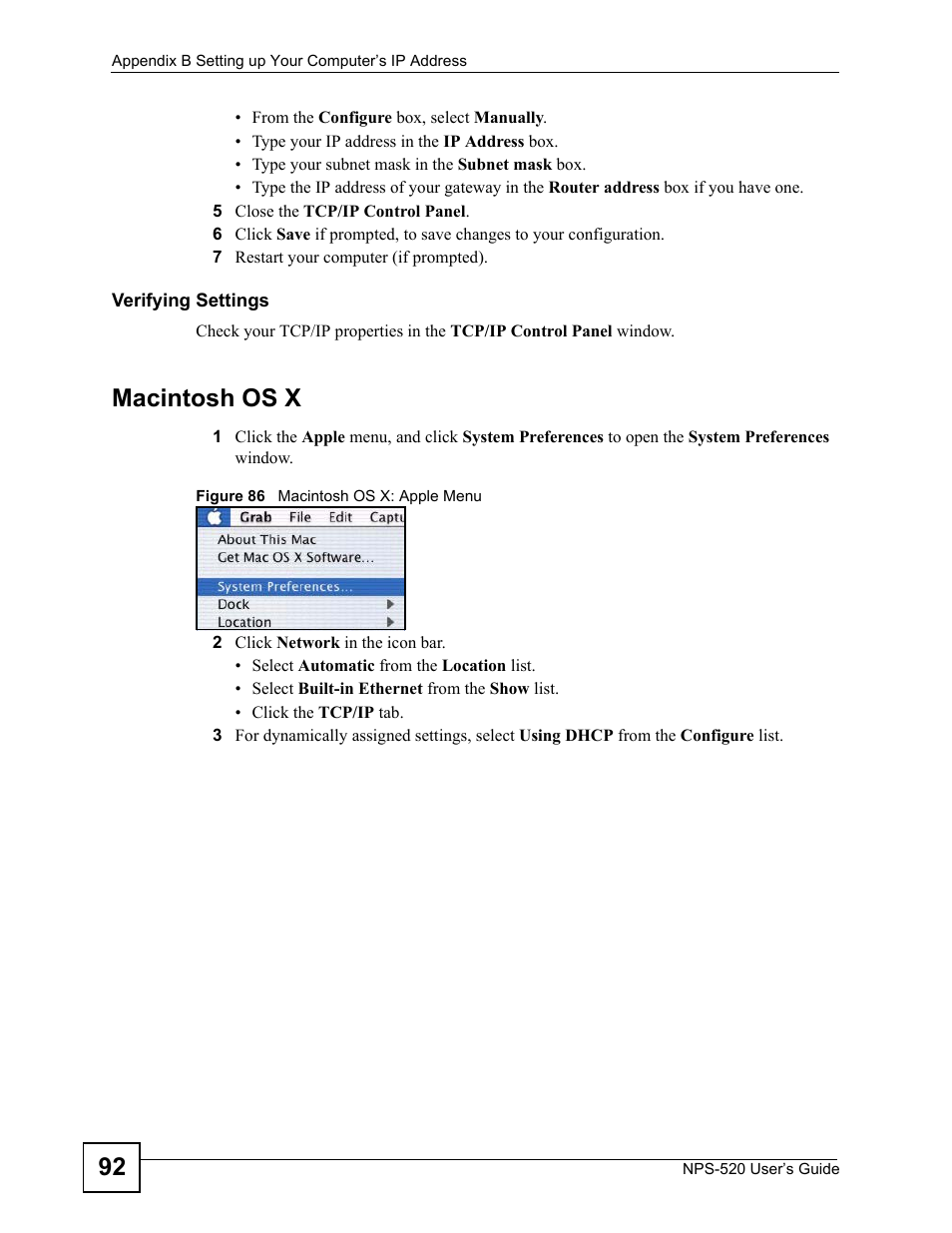 Figure 86 macintosh os x: apple menu, Macintosh os x | ZyXEL Communications NPS-520 User Manual | Page 92 / 112