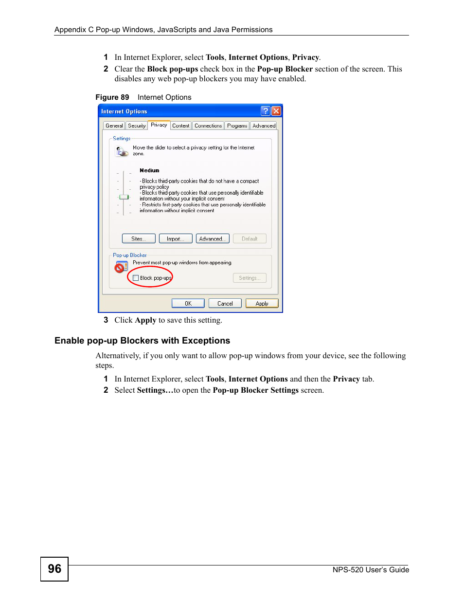 Figure 89 internet options | ZyXEL Communications NPS-520 User Manual | Page 96 / 112