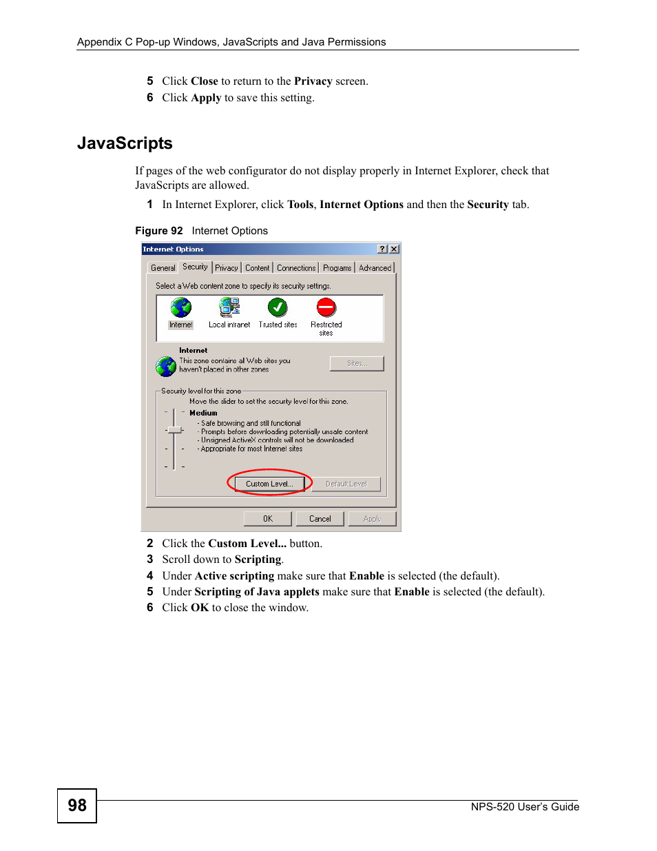 Figure 92 internet options, Javascripts | ZyXEL Communications NPS-520 User Manual | Page 98 / 112