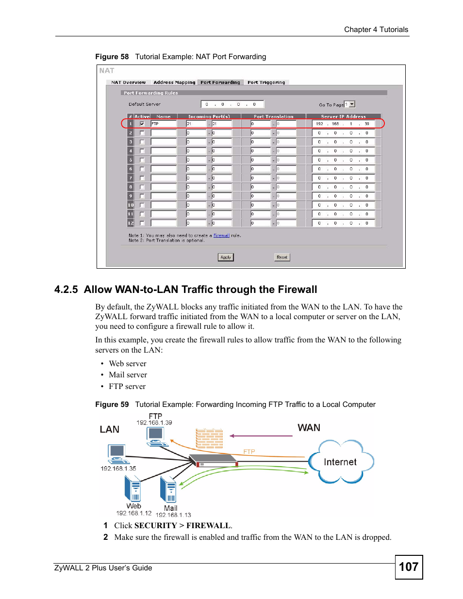 5 allow wan-to-lan traffic through the firewall | ZyXEL Communications ZyWALL 2 Plus User Manual | Page 107 / 686