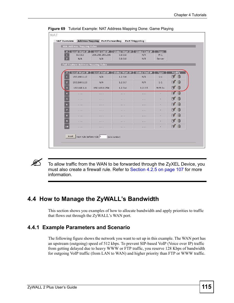 4 how to manage the zywall’s bandwidth, 1 example parameters and scenario | ZyXEL Communications ZyWALL 2 Plus User Manual | Page 115 / 686