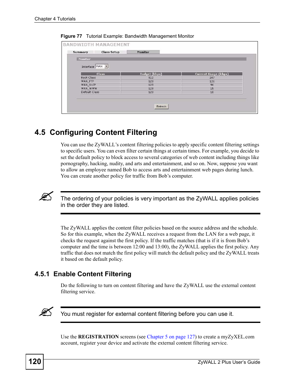 5 configuring content filtering, 1 enable content filtering | ZyXEL Communications ZyWALL 2 Plus User Manual | Page 120 / 686