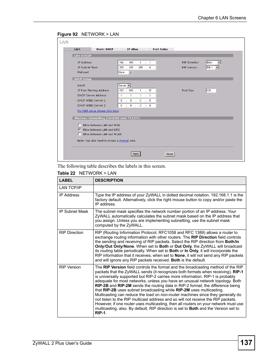 Figure 92 network > lan, Table 22 network > lan | ZyXEL Communications ZyWALL 2 Plus User Manual | Page 137 / 686