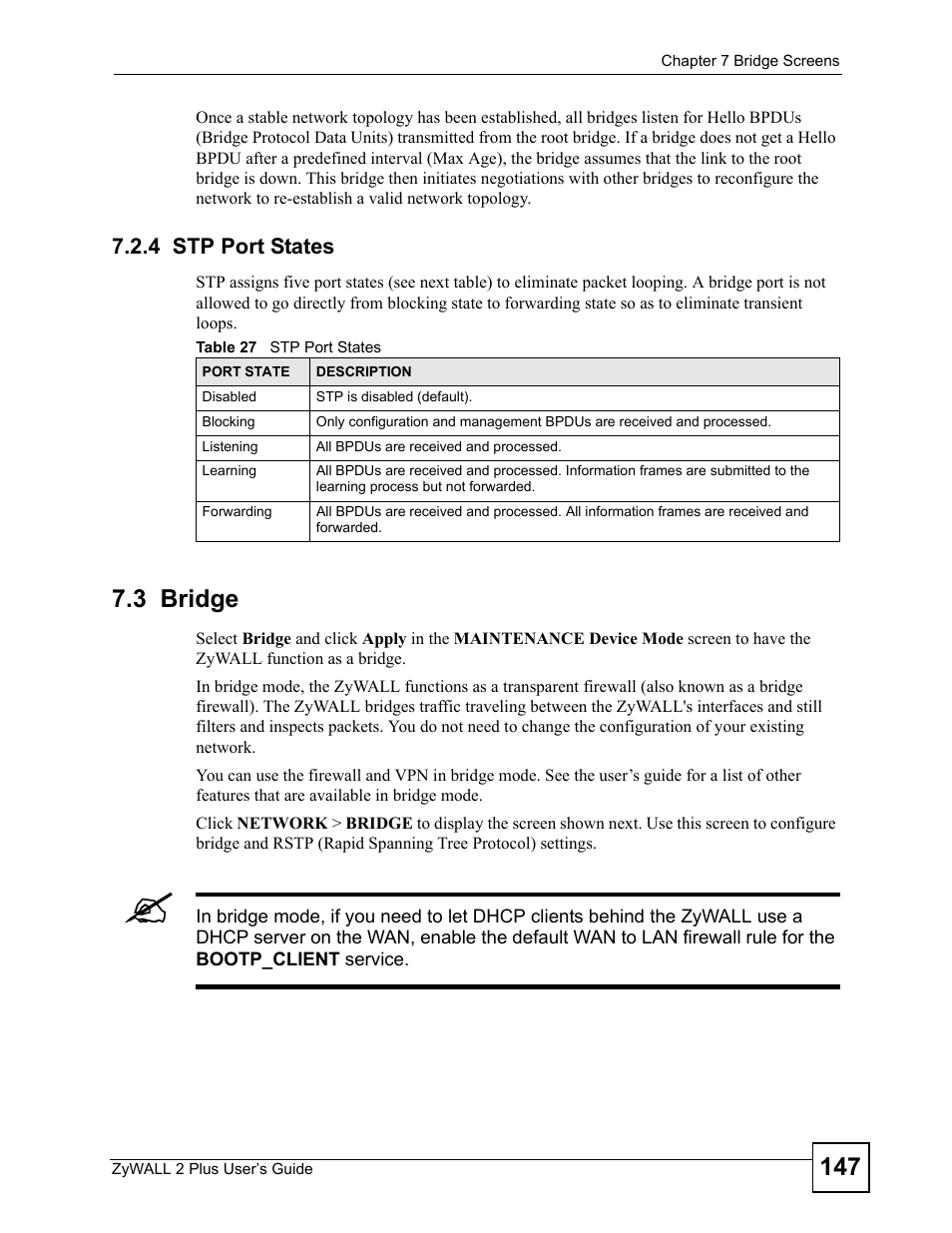 4 stp port states, 3 bridge, Table 27 stp port states | ZyXEL Communications ZyWALL 2 Plus User Manual | Page 147 / 686