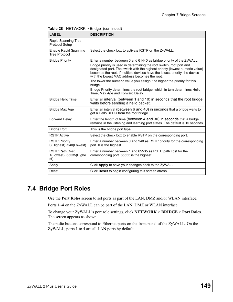 4 bridge port roles | ZyXEL Communications ZyWALL 2 Plus User Manual | Page 149 / 686