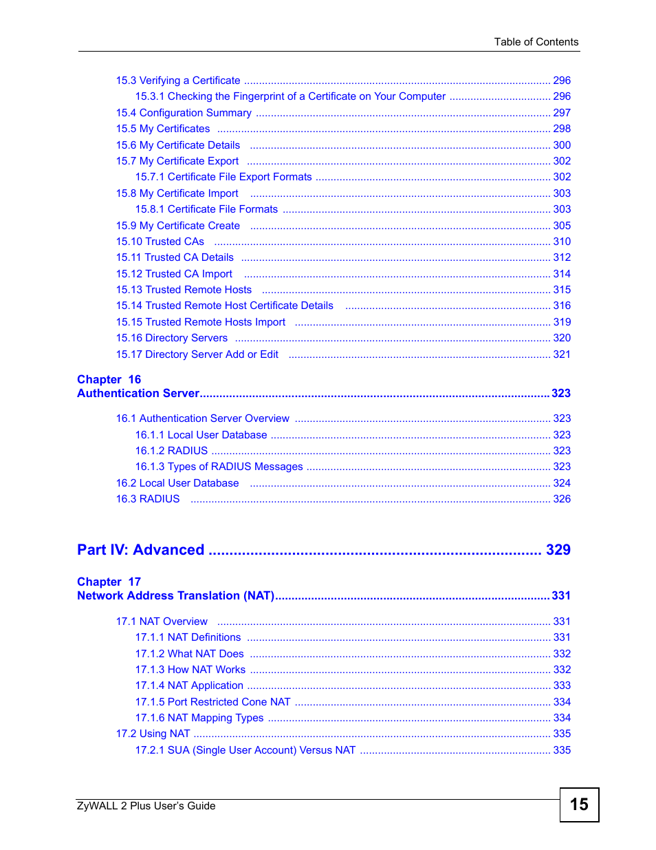 Part iv: advanced | ZyXEL Communications ZyWALL 2 Plus User Manual | Page 15 / 686