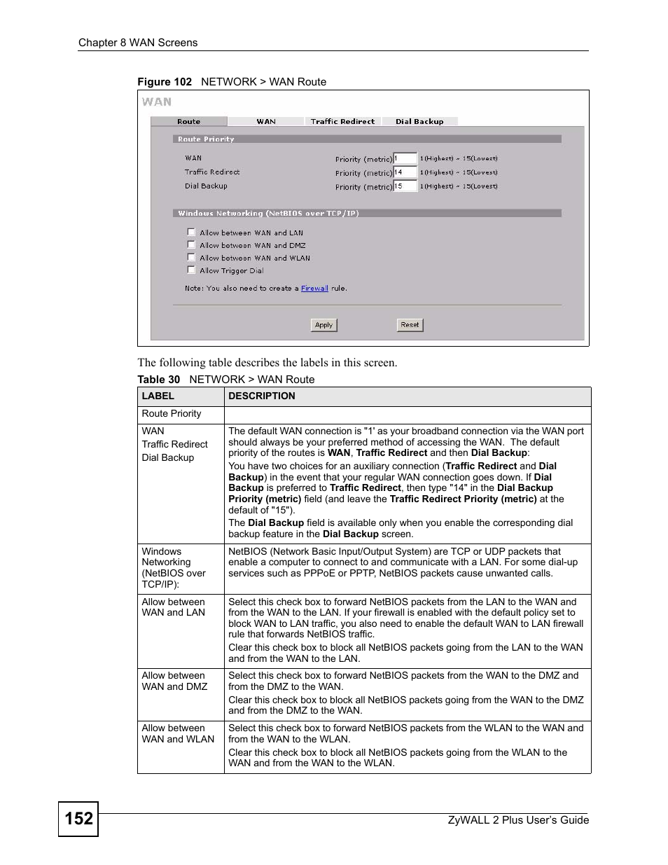 Figure 102 network > wan route, Table 30 network > wan route | ZyXEL Communications ZyWALL 2 Plus User Manual | Page 152 / 686