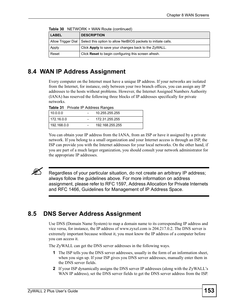 4 wan ip address assignment, 5 dns server address assignment, Table 31 private ip address ranges | ZyXEL Communications ZyWALL 2 Plus User Manual | Page 153 / 686