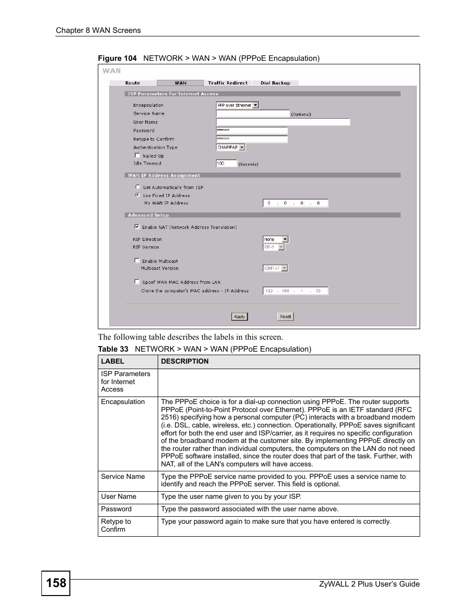 Table 33 network > wan > wan (pppoe encapsulation) | ZyXEL Communications ZyWALL 2 Plus User Manual | Page 158 / 686