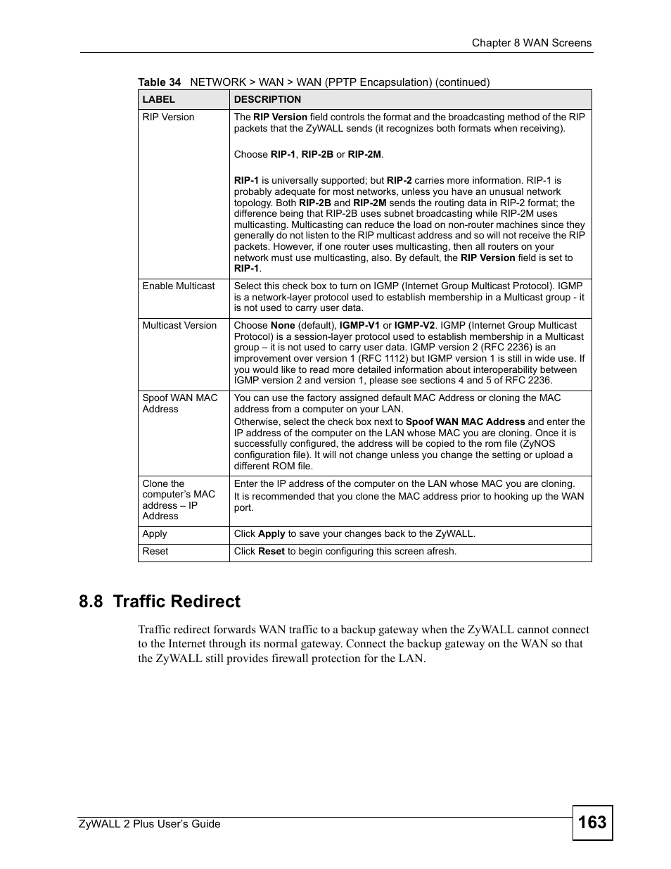 8 traffic redirect | ZyXEL Communications ZyWALL 2 Plus User Manual | Page 163 / 686