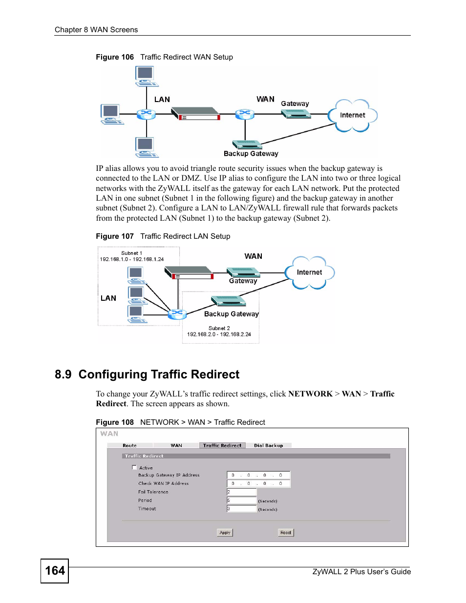 9 configuring traffic redirect | ZyXEL Communications ZyWALL 2 Plus User Manual | Page 164 / 686