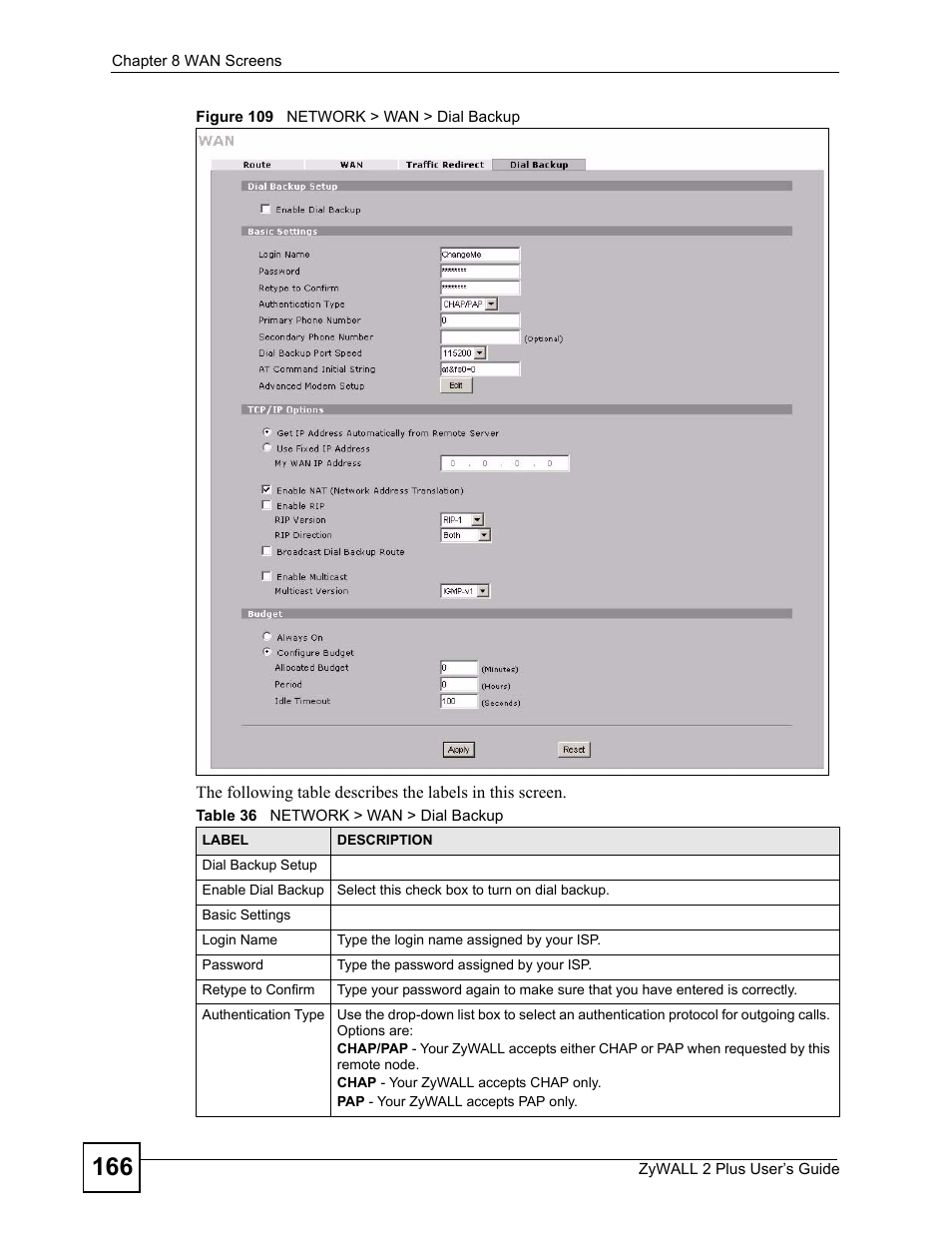 Figure 109 network > wan > dial backup, Table 36 network > wan > dial backup | ZyXEL Communications ZyWALL 2 Plus User Manual | Page 166 / 686
