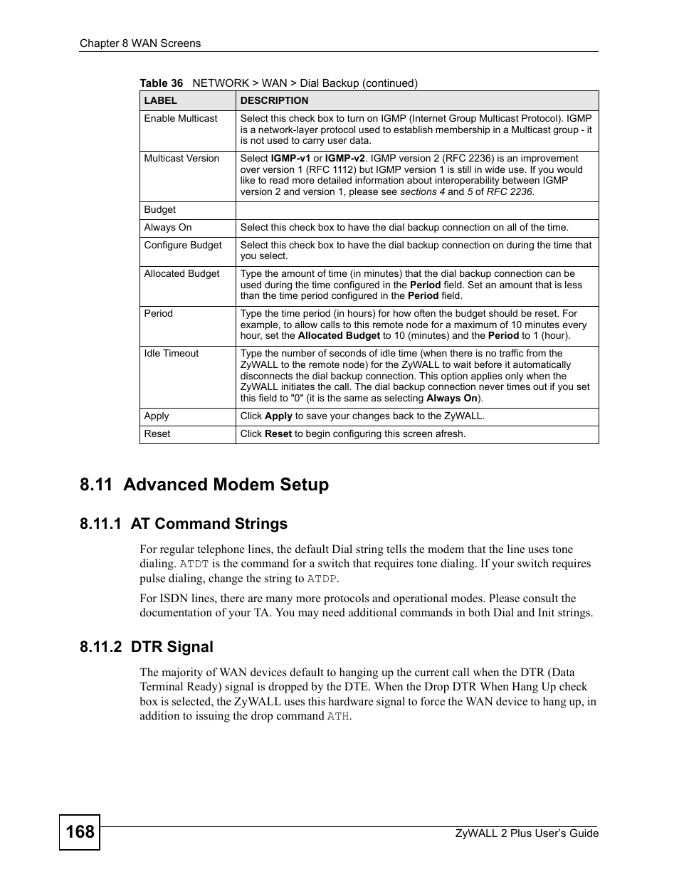 11 advanced modem setup, 1 at command strings, 2 dtr signal | 1 at command strings 8.11.2 dtr signal | ZyXEL Communications ZyWALL 2 Plus User Manual | Page 168 / 686