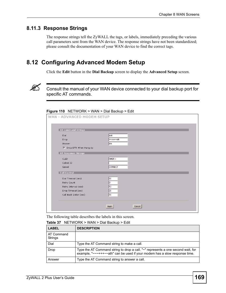 3 response strings, 12 configuring advanced modem setup, Figure 110 network > wan > dial backup > edit | Table 37 network > wan > dial backup > edit | ZyXEL Communications ZyWALL 2 Plus User Manual | Page 169 / 686