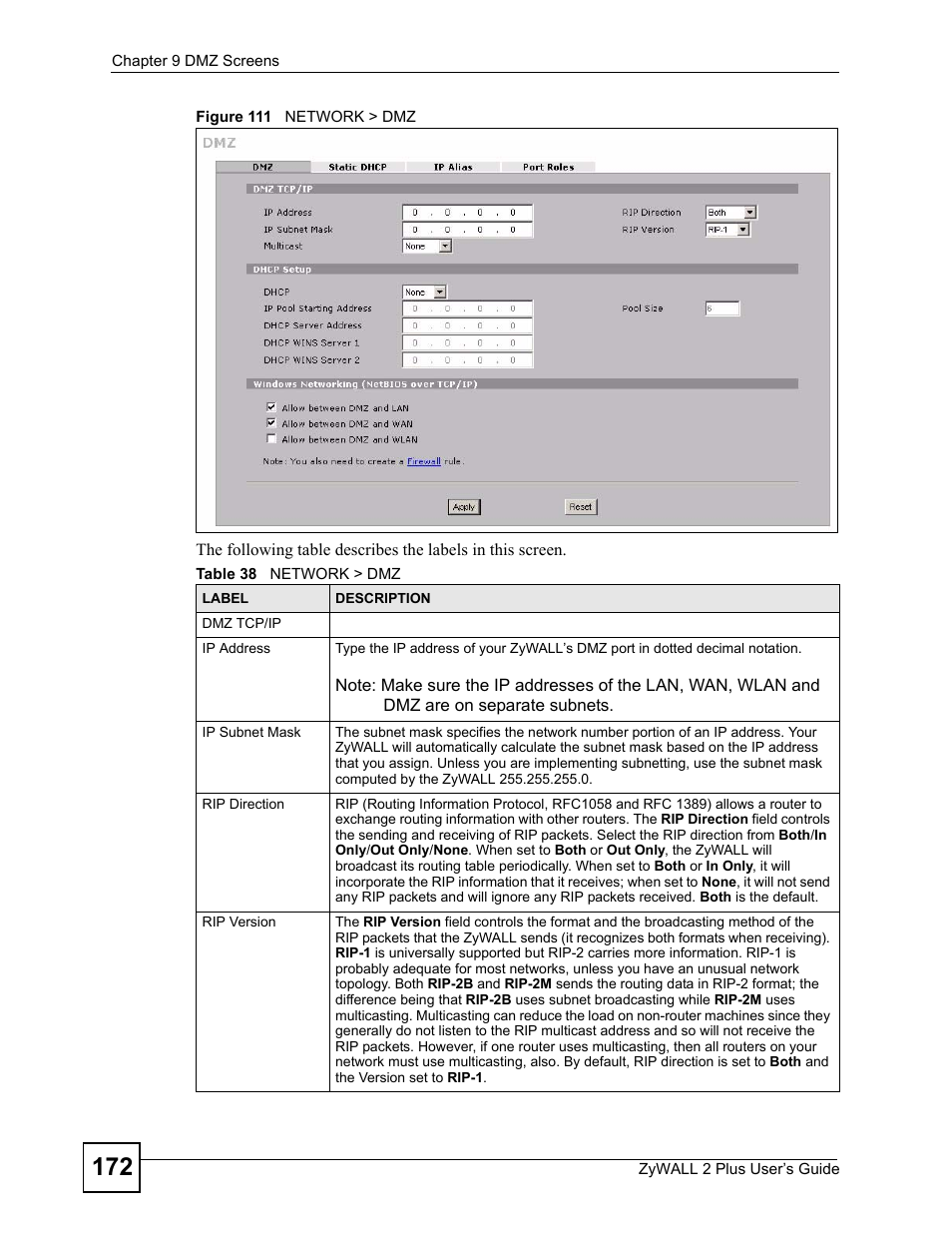 Figure 111 network > dmz, Table 38 network > dmz | ZyXEL Communications ZyWALL 2 Plus User Manual | Page 172 / 686