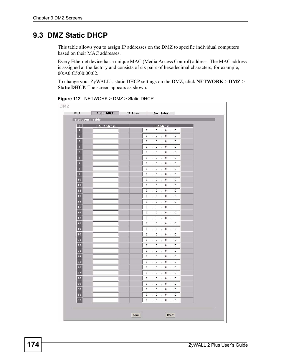 3 dmz static dhcp, Figure 112 network > dmz > static dhcp | ZyXEL Communications ZyWALL 2 Plus User Manual | Page 174 / 686