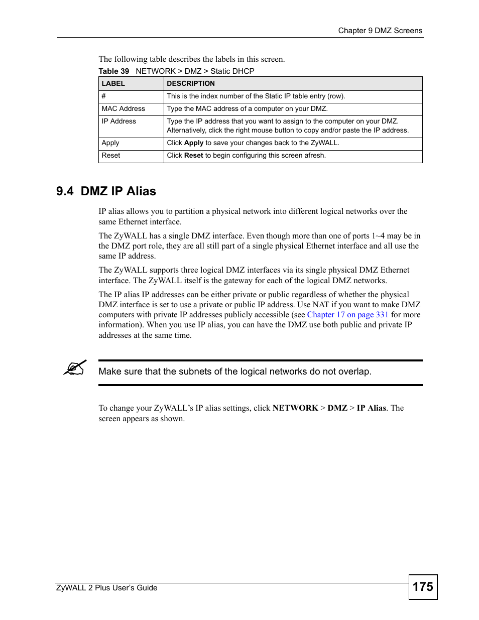 4 dmz ip alias, Table 39 network > dmz > static dhcp | ZyXEL Communications ZyWALL 2 Plus User Manual | Page 175 / 686