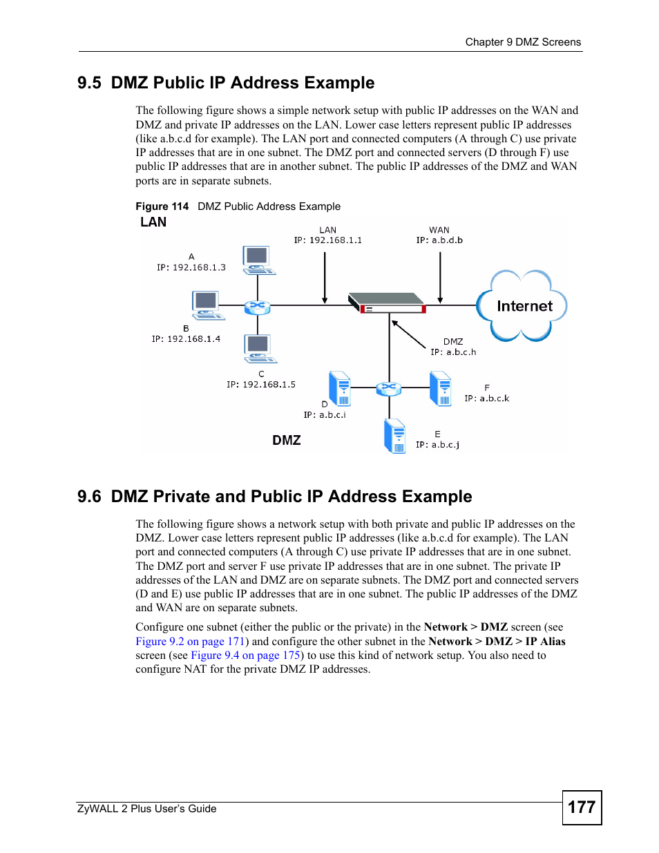5 dmz public ip address example, 6 dmz private and public ip address example, Figure 114 dmz public address example | ZyXEL Communications ZyWALL 2 Plus User Manual | Page 177 / 686
