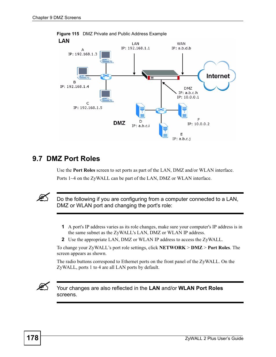 7 dmz port roles, Figure 115 dmz private and public address example | ZyXEL Communications ZyWALL 2 Plus User Manual | Page 178 / 686