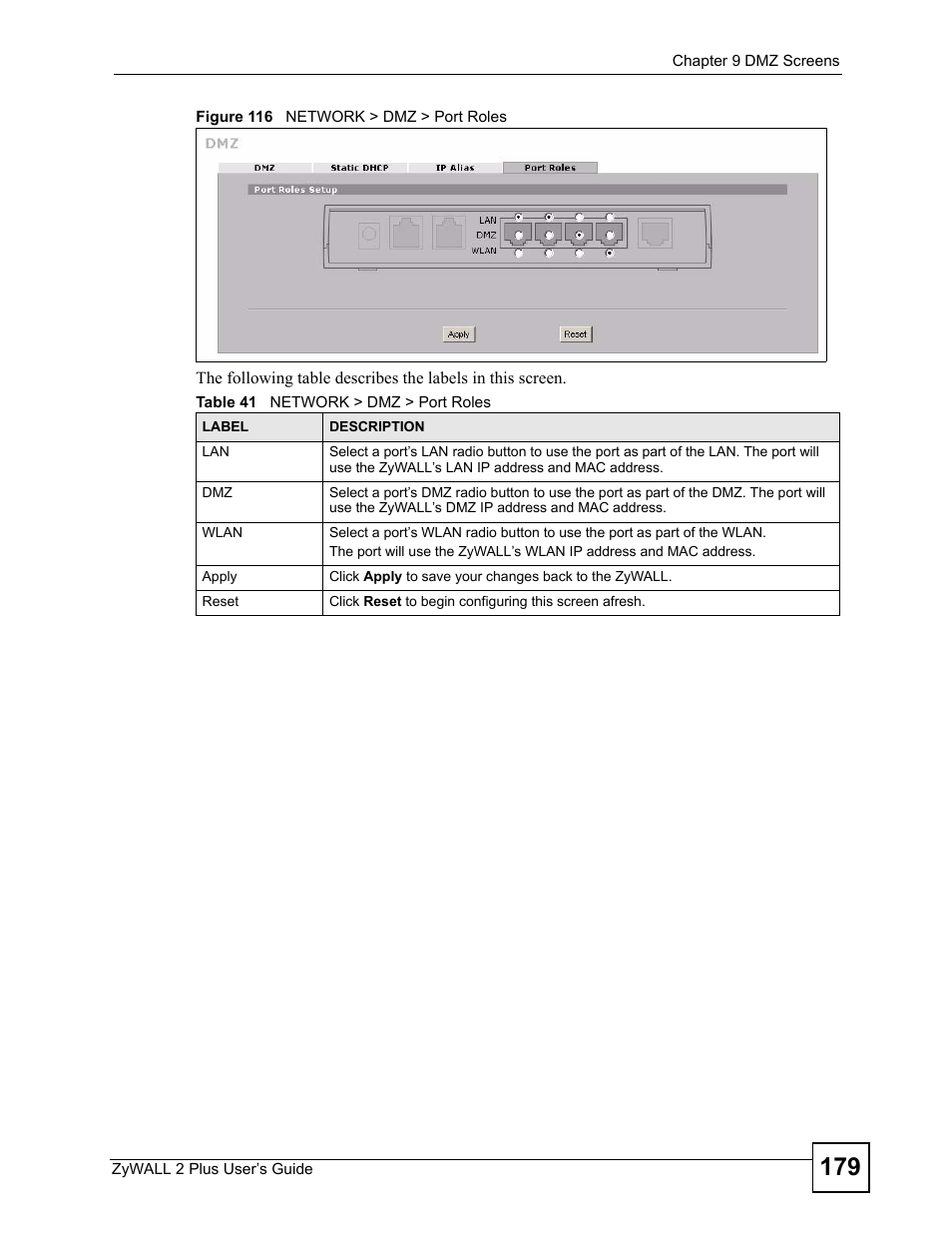 Figure 116 network > dmz > port roles, Table 41 network > dmz > port roles | ZyXEL Communications ZyWALL 2 Plus User Manual | Page 179 / 686