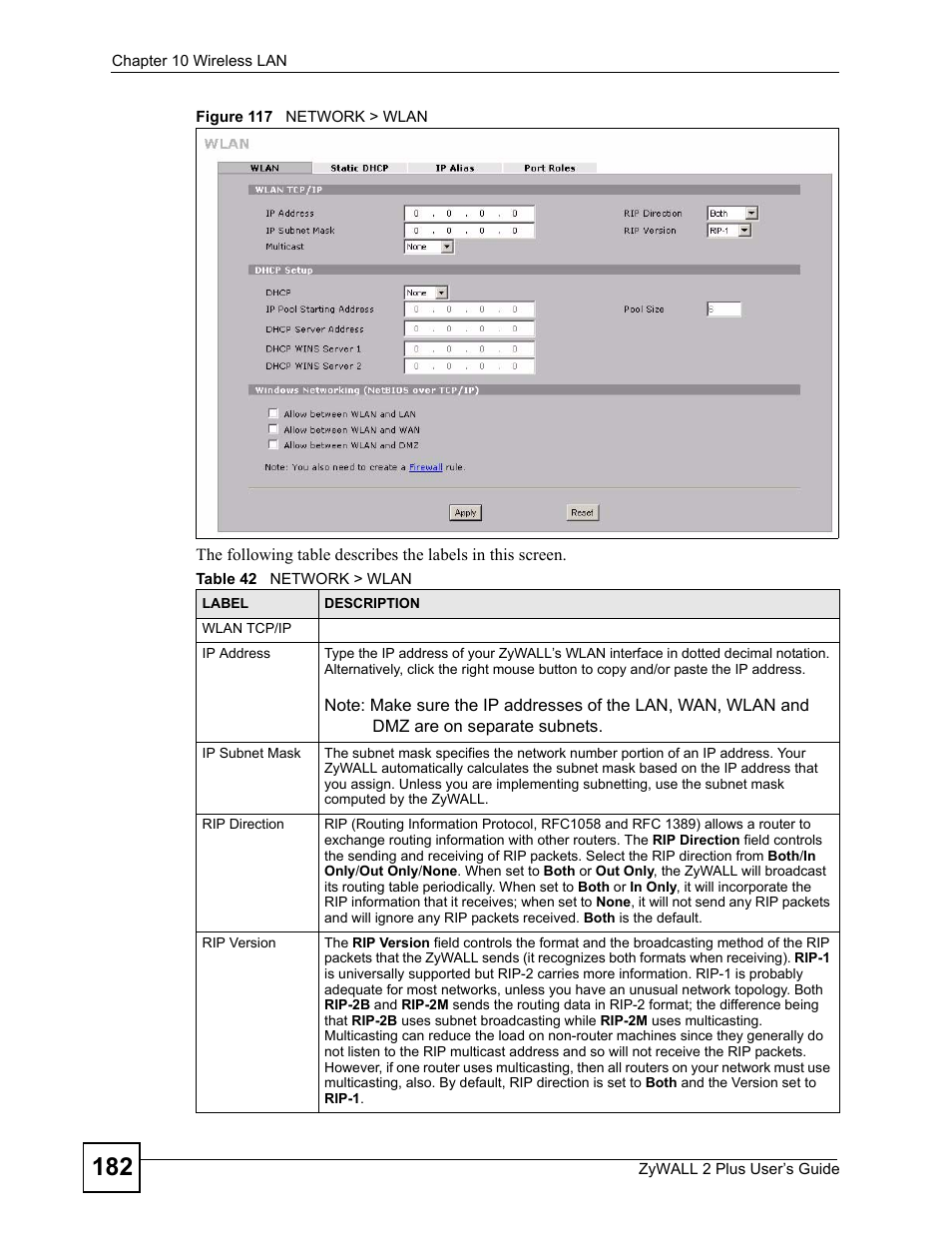 Figure 117 network > wlan, Table 42 network > wlan | ZyXEL Communications ZyWALL 2 Plus User Manual | Page 182 / 686