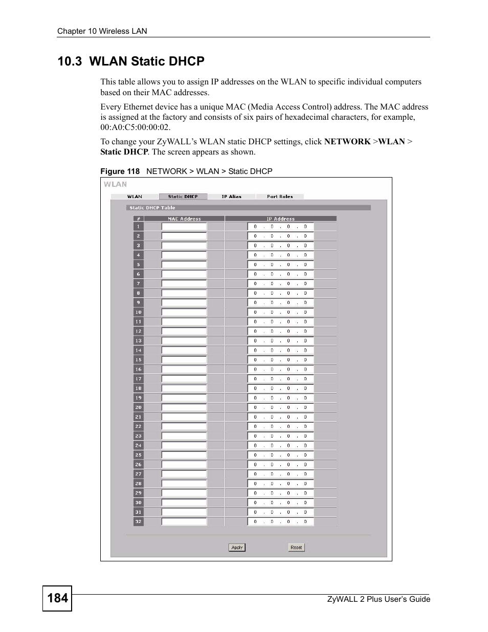 3 wlan static dhcp, Figure 118 network > wlan > static dhcp | ZyXEL Communications ZyWALL 2 Plus User Manual | Page 184 / 686