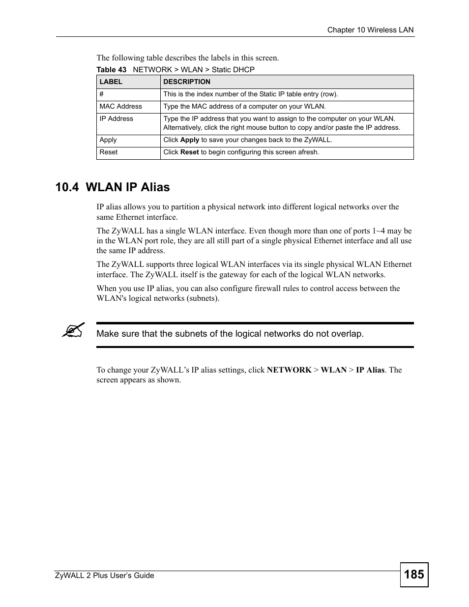 4 wlan ip alias, Table 43 network > wlan > static dhcp | ZyXEL Communications ZyWALL 2 Plus User Manual | Page 185 / 686