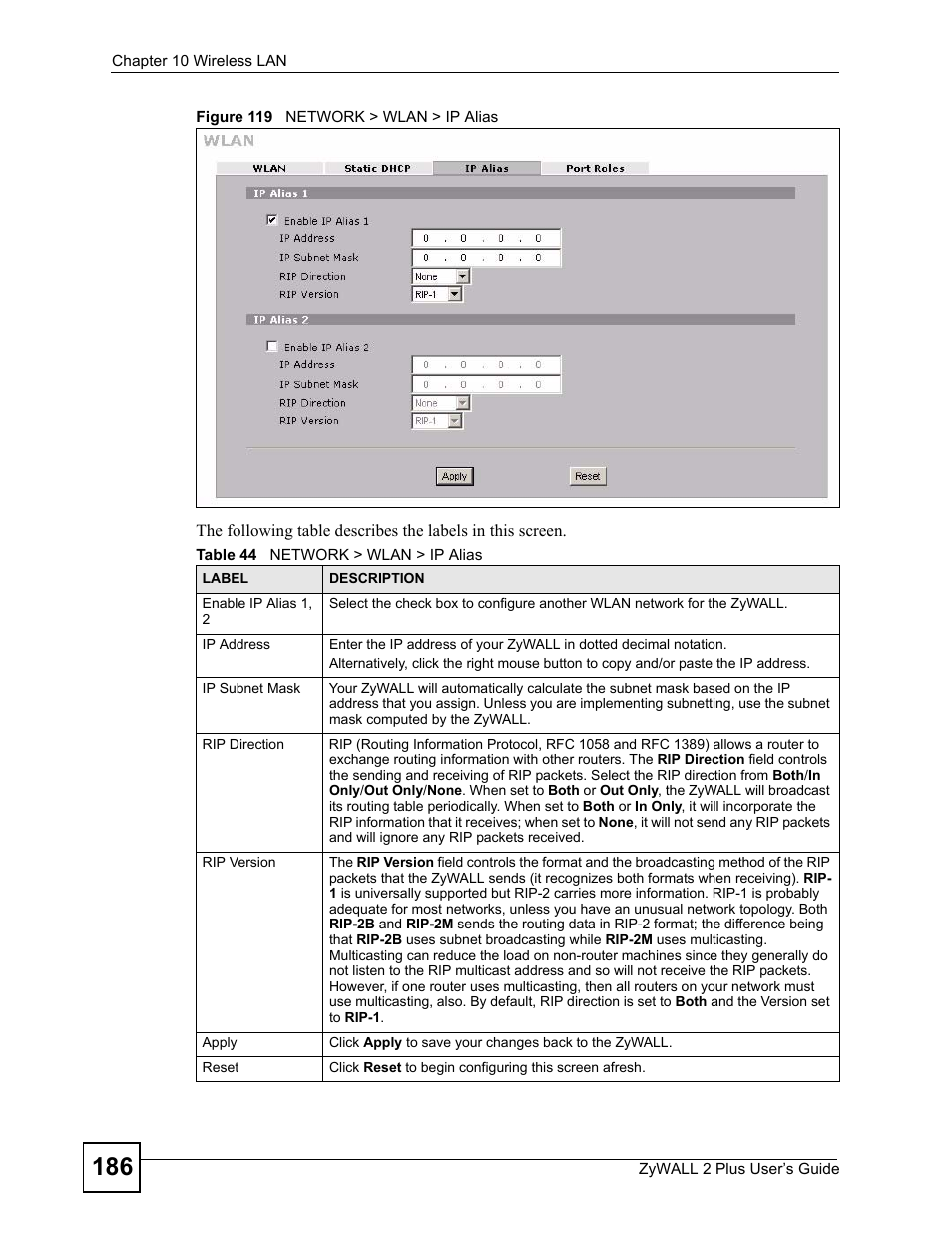 Figure 119 network > wlan > ip alias, Table 44 network > wlan > ip alias | ZyXEL Communications ZyWALL 2 Plus User Manual | Page 186 / 686