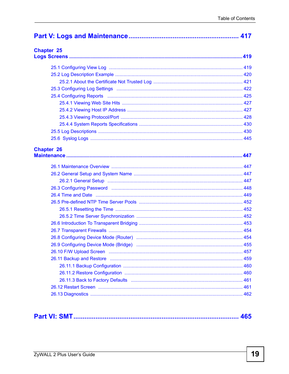 Part v: logs and maintenance, Part vi: smt | ZyXEL Communications ZyWALL 2 Plus User Manual | Page 19 / 686
