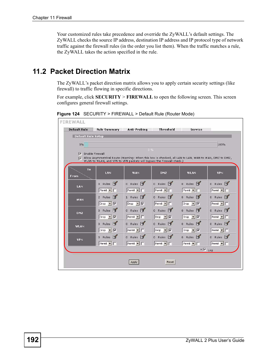 2 packet direction matrix | ZyXEL Communications ZyWALL 2 Plus User Manual | Page 192 / 686