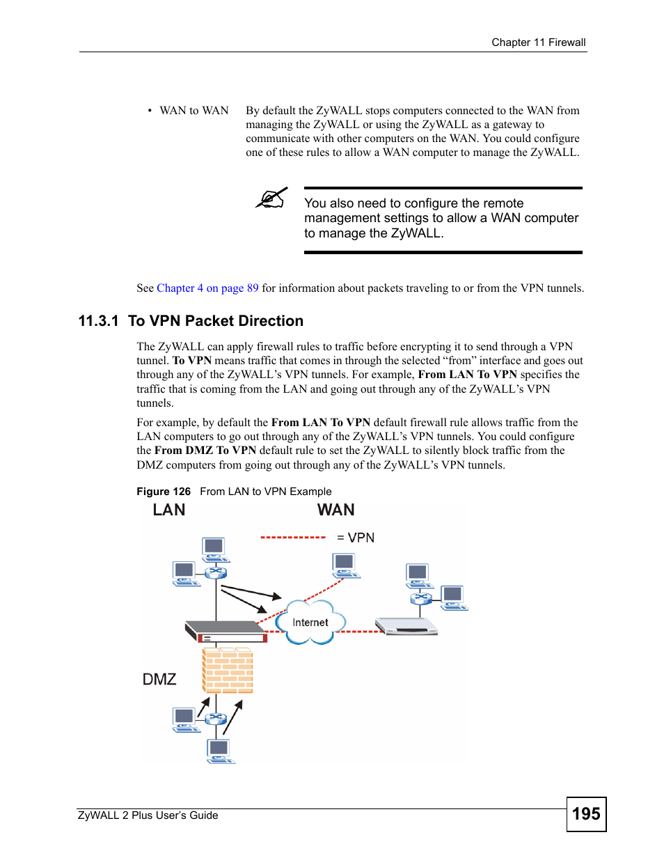1 to vpn packet direction, Figure 126 from lan to vpn example | ZyXEL Communications ZyWALL 2 Plus User Manual | Page 195 / 686