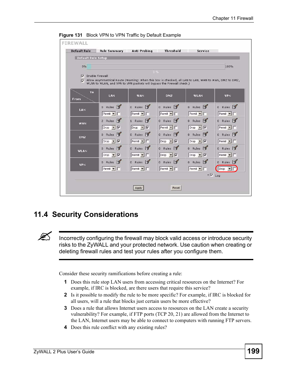 4 security considerations | ZyXEL Communications ZyWALL 2 Plus User Manual | Page 199 / 686