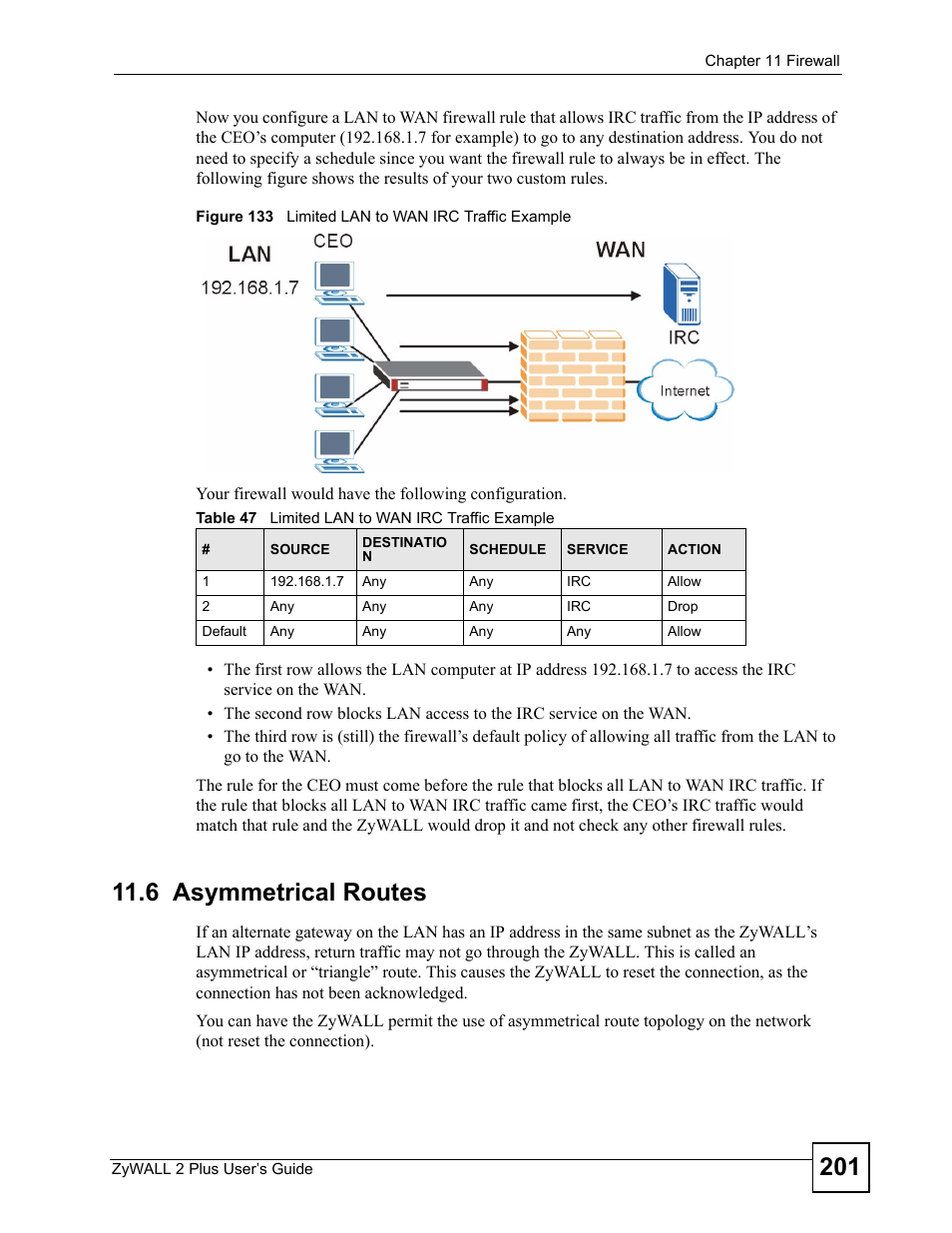 6 asymmetrical routes, Figure 133 limited lan to wan irc traffic example, Table 47 limited lan to wan irc traffic example | ZyXEL Communications ZyWALL 2 Plus User Manual | Page 201 / 686