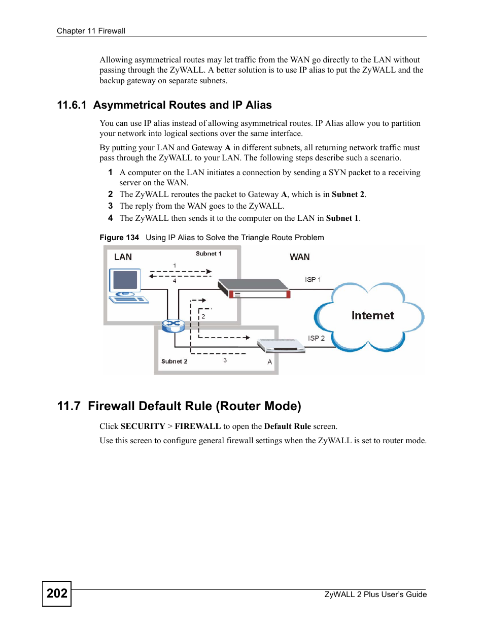 1 asymmetrical routes and ip alias, 7 firewall default rule (router mode) | ZyXEL Communications ZyWALL 2 Plus User Manual | Page 202 / 686