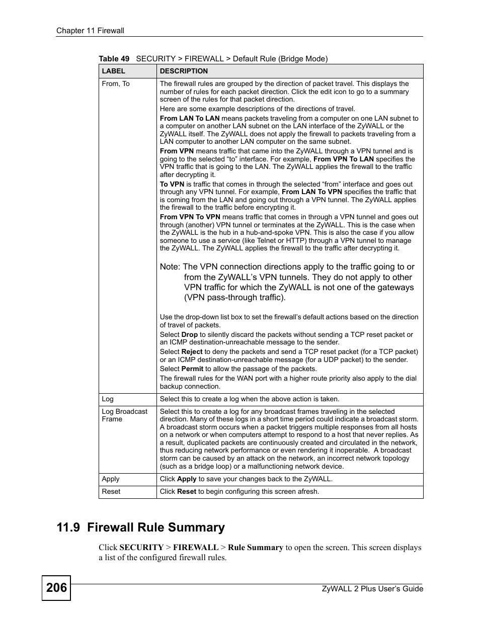 9 firewall rule summary | ZyXEL Communications ZyWALL 2 Plus User Manual | Page 206 / 686